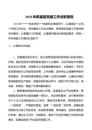 2019年抓基层党建工作述职报告（公司版）