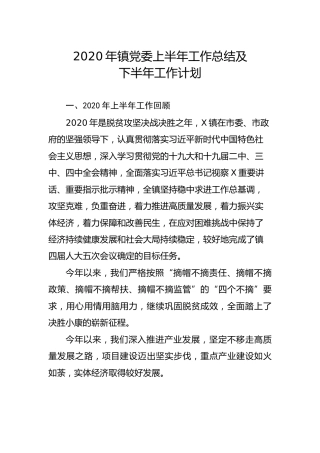 2020年镇党委上半年工作总结及下半年工作计划7200字