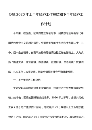 乡镇2020年上半年经济工作总结和下半年工作计划5