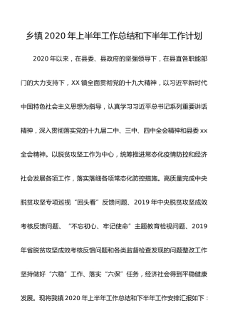 乡镇2020年上半年工作总结和下半年工作计划2