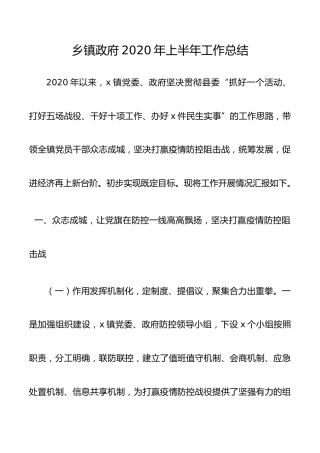乡镇2020年上半年工作总结范文1