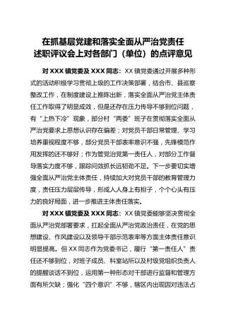 在抓基层党建和落实全面从严治党责任述职评议会上对各部门单位的点评意见