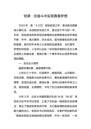 党课讲稿：在奋斗中实现青春梦想（学校）