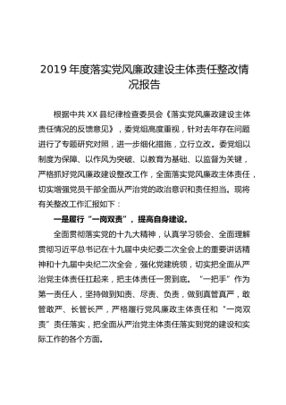 2019年度落实党风廉政建设主体责任整改情况报告