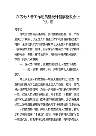 在第七次全国人口普查工作动员暨统计督察整改会上的讲话