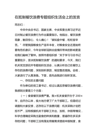 在抵制餐饮浪费专题组织生活会上的发言2600字