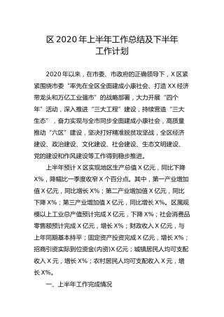 县区2020年上半年工作总结及下半年工作计划（1万字）