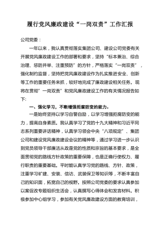 履行党风廉政建设“一岗双责”工作汇报（3800字公司版）