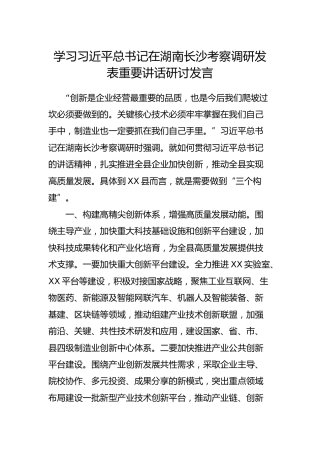 关于总书记在湖南长沙考察调研发表重要讲话的研讨发言
