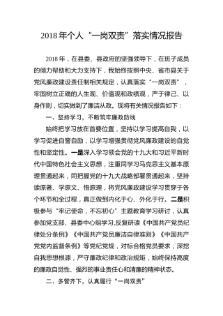 个人“一岗双责”落实情况报告(1300字)