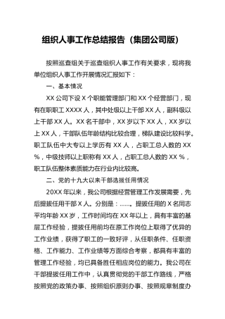 组织人事工作总结报告（集团公司版）