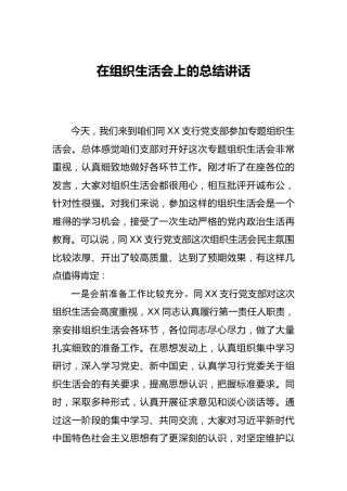在组织生活会上的总结讲话2400字（含肯定和建议）