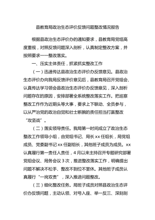 政治生态评价反馈问题整改情况报告（教育系统2700字）