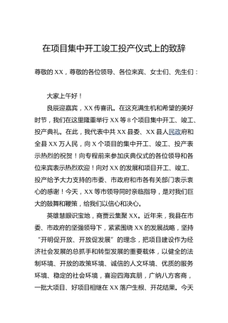 在项目集中开工竣工投产仪式上的致辞