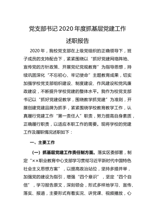 学校党支部书记2020年度抓基层党建工作述职报告