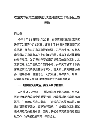 在落实巡察组反馈意见整改工作动员会上的讲话3600字