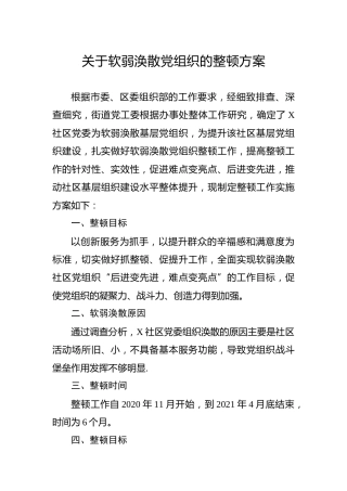 软弱涣散党组织整顿方案1800字