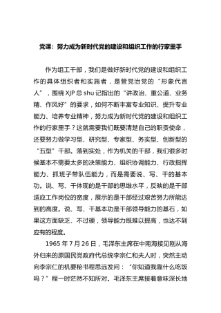 组工干部党课：努力成为新时代党的建设和组织工作的行家里手