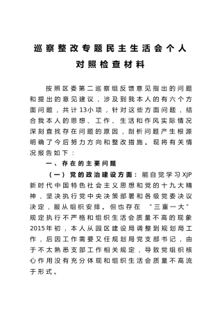 巡察整改专题民主生活会个人对照检查材料1700字