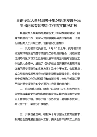 县退役军人事务局关于抓好影响发展环境突出问题专项整治工作落实情况汇报