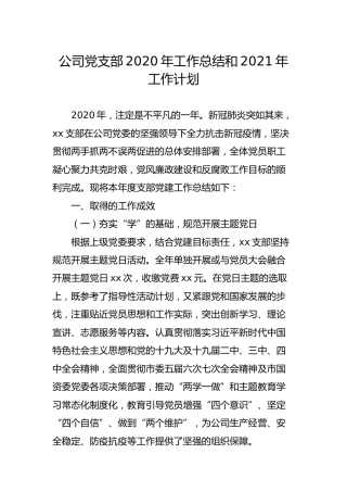 公司党支部2020年工作总结和2021年工作计划