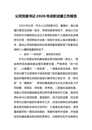 公司党委书记2020年述职述廉工作报告2200字