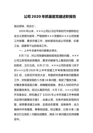 公司2020年抓基层党建述职报告（2500字）