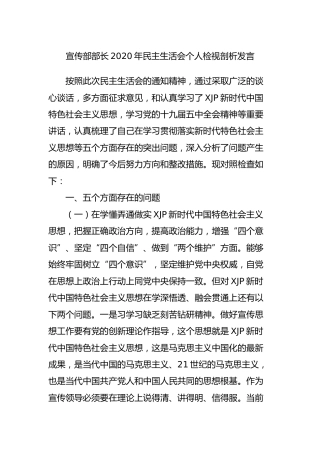 宣传部部长2020年民主生活会个人对照检查材料3800字