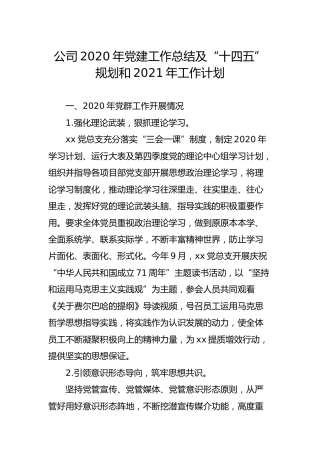 公司2020年党建工作总结及“十四五”规划和2021年工作计划