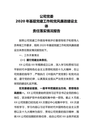 公司2020年党建工作和党风廉政建设主体责任落实情况报告（工作总结）