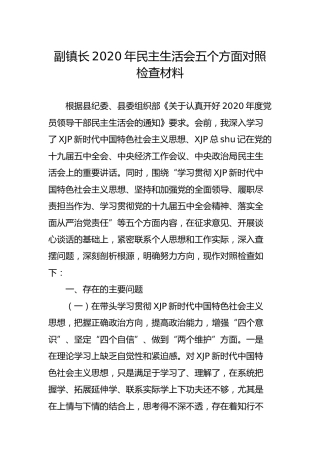 乡镇副镇长2020年民主生活会五个方面个人对照检查材料4300字