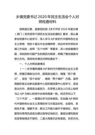 乡镇党委书记2020年民主生活会五个方面对照检查材料4300字