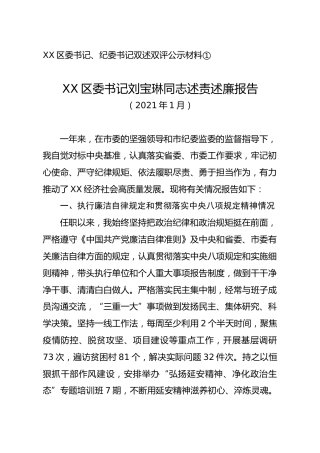 区委书记、纪委书记双述双评材料（述责述廉）