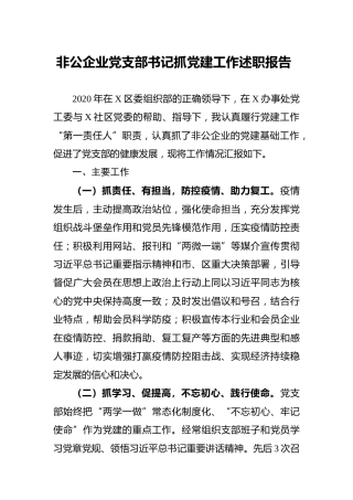 非公企业党支部书记抓党建工作述职报告3100字