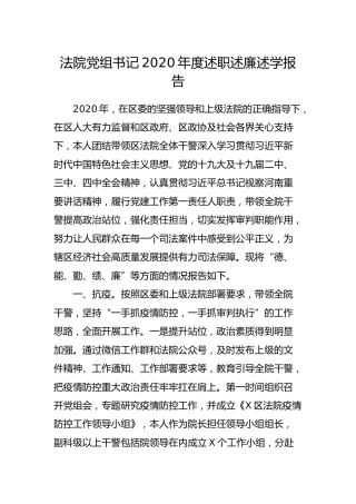 法院党组书记2020年度述职述廉述学报告3900字