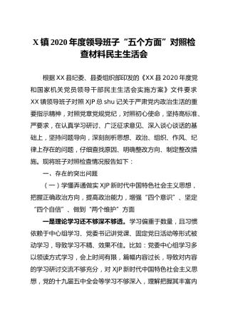 乡镇2020年度民主生活会领导班子五个方面对照检查材料5000字
