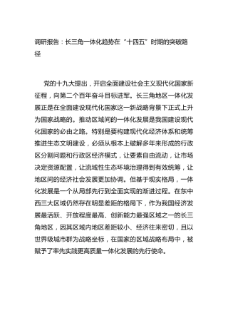 调研报告：长三角一体化趋势在“十四五”时期的突破路径9400字