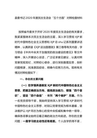 县委书记2020年度民主生活会五个方面对照检查材料4900字