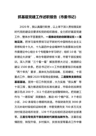 2020年抓基层党建工作述职报告（市级2100字）