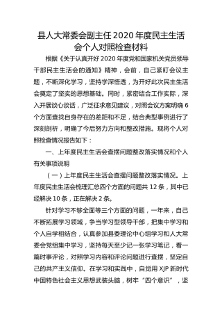 人大副主任2020年度民主生活会个人对照检查材料（含上年度整改）