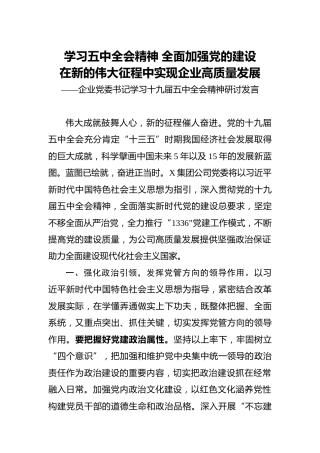 企业党委书记学习十九届五中全会精神研讨发言5000字