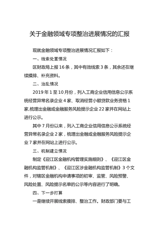 关于金融领域专项整治进展情况的汇报