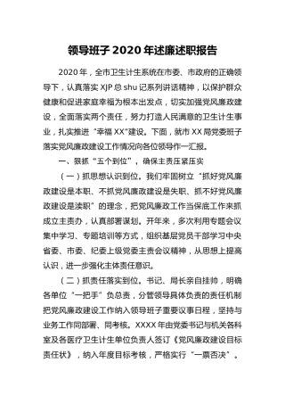 领导班子2020年述廉述职报告（卫生系统3000字）