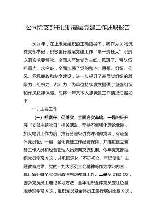 2020年公司党支部书记抓基层党建工作述职报告3700字