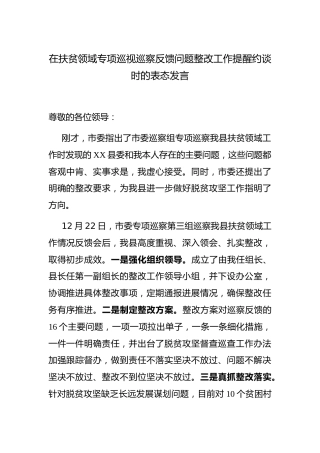 扶贫专项巡视巡察反馈问题整改工作提醒约谈时的表态发言
