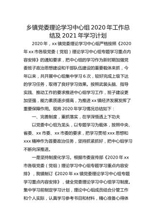 理论学习中心组2020年工作总结及2021年学习计划（乡镇）
