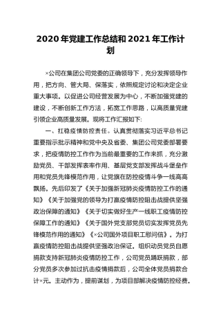 公司企业2020年党建工作总结和2021年工作计划4700字