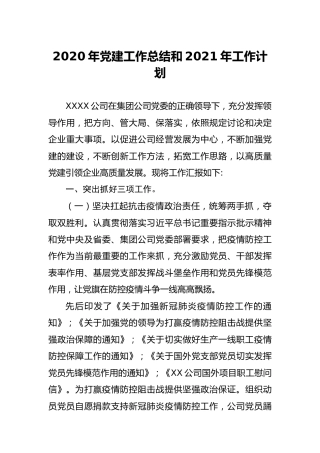 2020年党建工作总结和2021年工作计划（公司版5300字）
