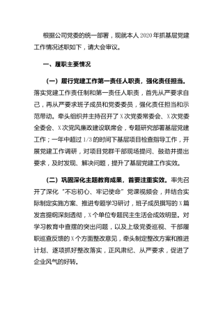 公司党委书记2020年度抓基层党建工作述职报告1900字