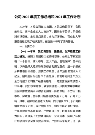 公司2020年度工作总结和2021年工作计划(电力)